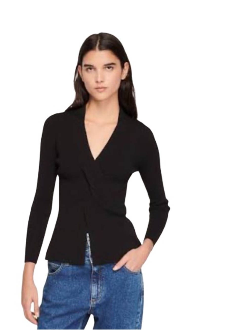 Sandro Louane Twist Front V Neck Black Sweater